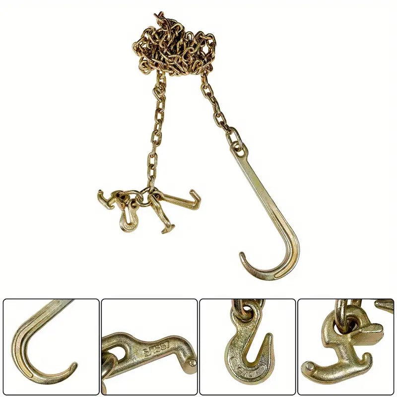 [10ft Heavy-Duty Tow Chains] Heavy-Duty G70 Tow Chains 10ft - 5/16" with J Hooks, Long Shank & Grab Hook for Flatbed Trucks and Wreckers - Golden Zinc Finish