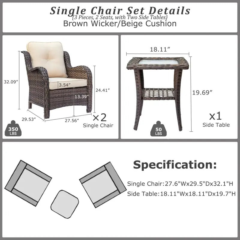 3pcs Artificial Wicker Single Chair, Outdoor Patio Furniture Set, UV Protection, With Small Side Table, Chunky Comfortable