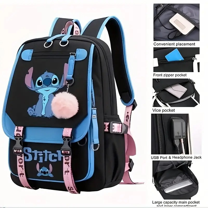 2pcs Disney Stitch Backpack Set, 17" School Backpacks for Kids, Cartoon Bookbag for Boys Girls, Large Capacity, Lightweight Travel Laptop Backpack with Pencil Case, Resistant College School