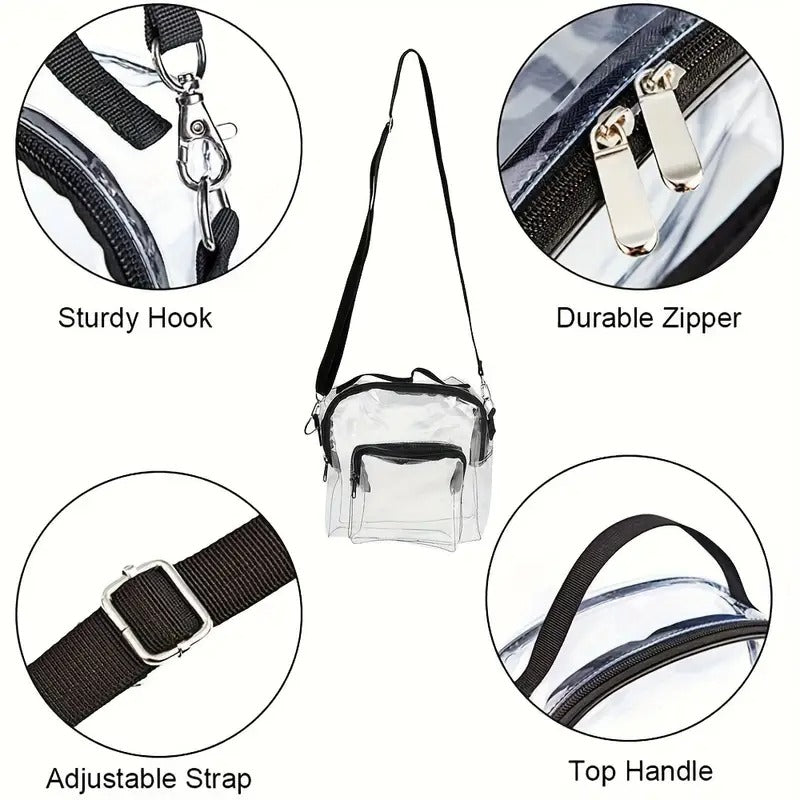 Sturdy Transparent PVC Tote Bag with Adjustable Shoulder Strap & Front Pockets - Large Capacity Heavy-Duty Design, Lightweight Durable for Travel, School,