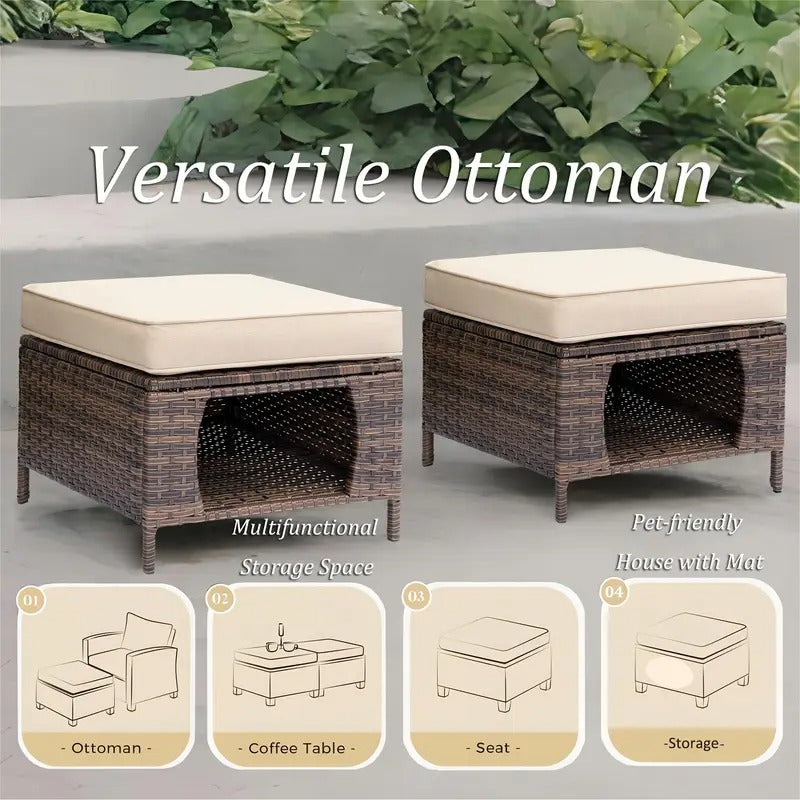 A Set Of 9 Wicker Patio Outdoor Single Chairs&360° Swivel Rocking Chairs, High-backrest Sofa, Multi-functional Ottomans, Tempered Glass Small Side Table, High-quality Brown Wicker With Beige Cushions, Ideal Choice