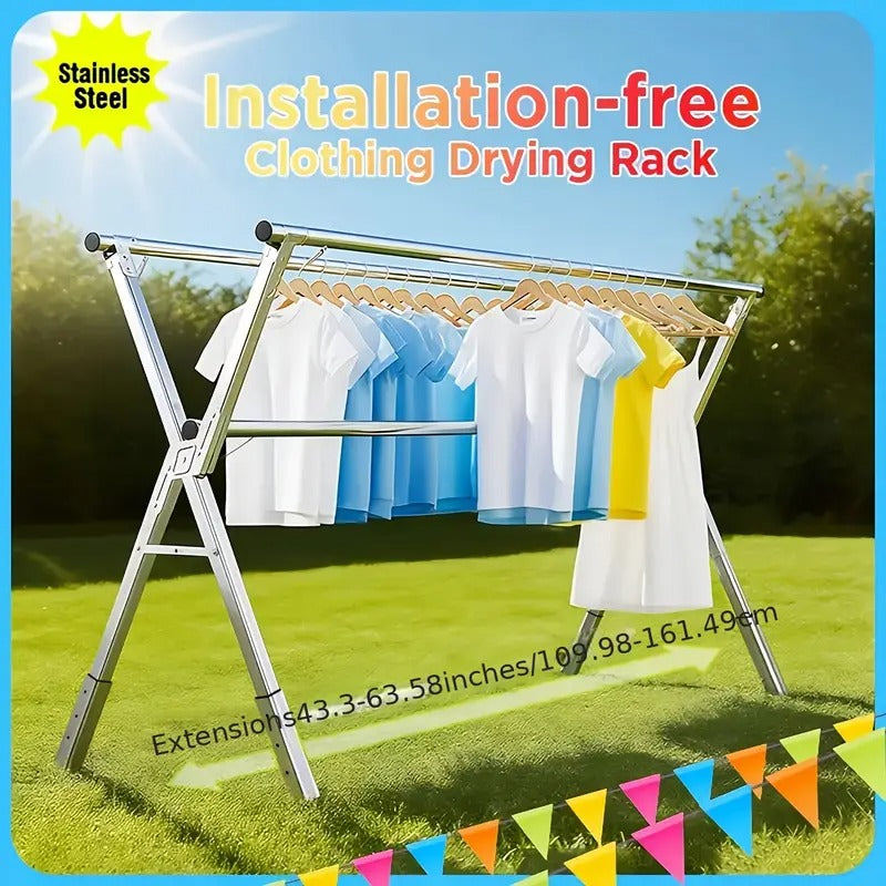 [Space-Saving Drying Rack] Foldable Adjustable Three Rod Metal Clothes Drying Rack | Space-Saving Storage for Indoor & Outdoor Use - Clothes, Blankets, Bedding, Mother's Day