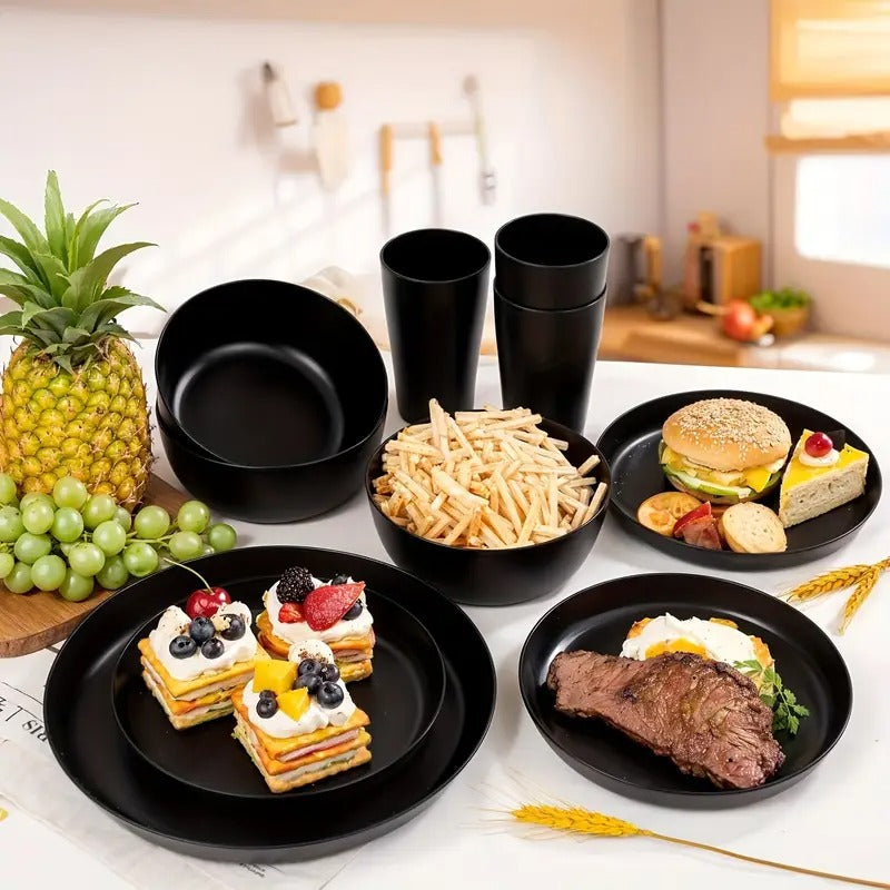 Black Wheat Straw Dinnerware Sets, Plates And Bowls Sets for 8, Black Plastic Dinnerware Sets, Microwave Dishwasher Safe Plates, Dishes Set for 8 for Valentine's Day, Party