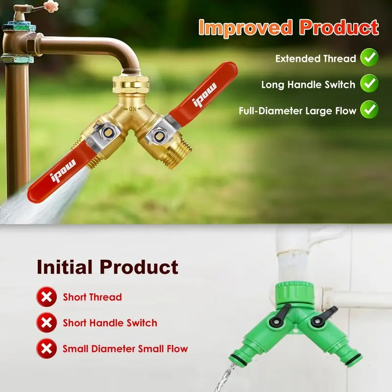Heavy Duty 2-Way Garden Hose Splitter Valve with Comfort Grip - Brass, High Flow, Includes 6 Rubber Gaskets & Blue Cap for Secure Connection, Ideal for Outdoor Use, Water Hose Splitter