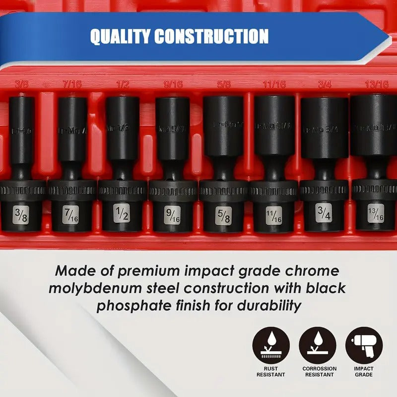 12pcs 3/8"Drive Deep Impact Universal Joint Swivel Socket Set, SAE, 5/16", 3/8", 7/16", 1/2", 9/16", 5/8", 11/16", 3/4", 13/16", 7/8", 15/16", 1", Deep, Flexible Wobble, CR-MO, Impact Grade, With A Durable Storage Case