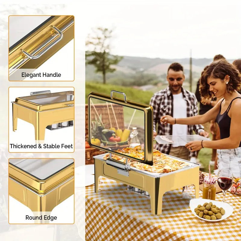 9QT square 304 stainless steel hot pot, hydraulic glass cover and food pot - golden buffet heater, suitable for catering, parties, events and home use only for cooking