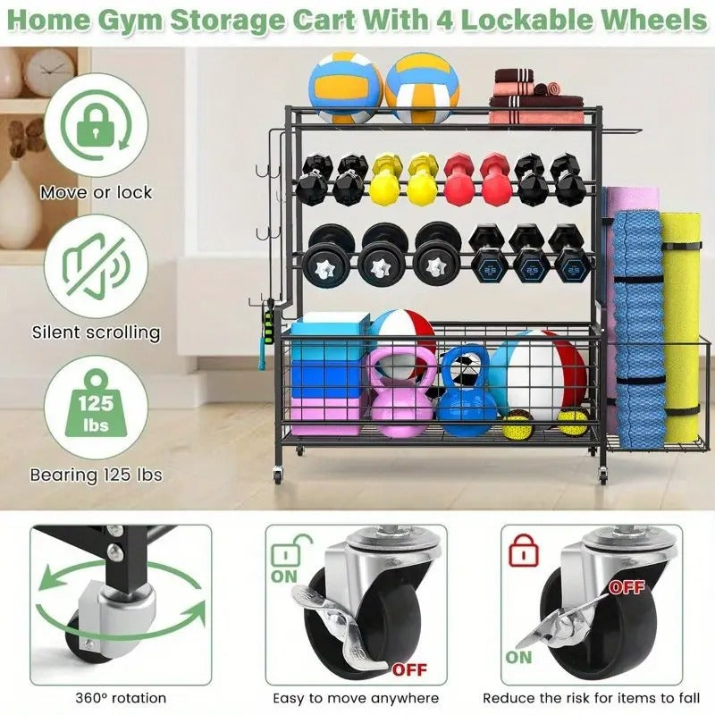 1 pcs Dumbbell Rack, Balls Workout Equipment Storage Organizer Yoga Mat with Hooks and Wheels