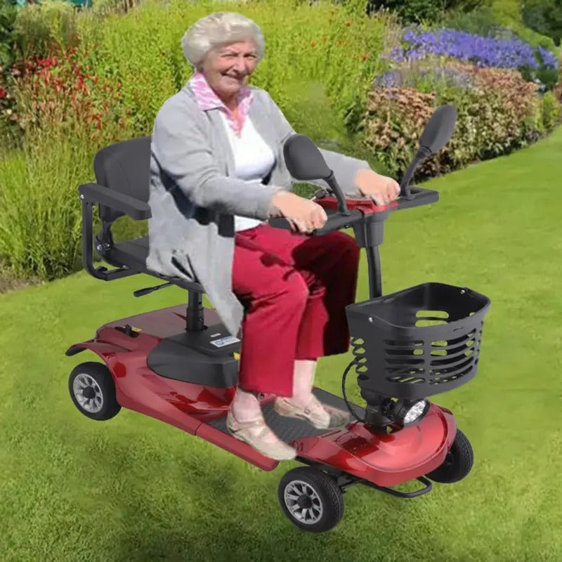 4-wheel mobility electric vehicle, 220-pound weight capacity, 20-mile extended range, maximum speed of 6 km/h. Features a basket, rearview mirror, and LED lights. Elderly mobility assistance tool,