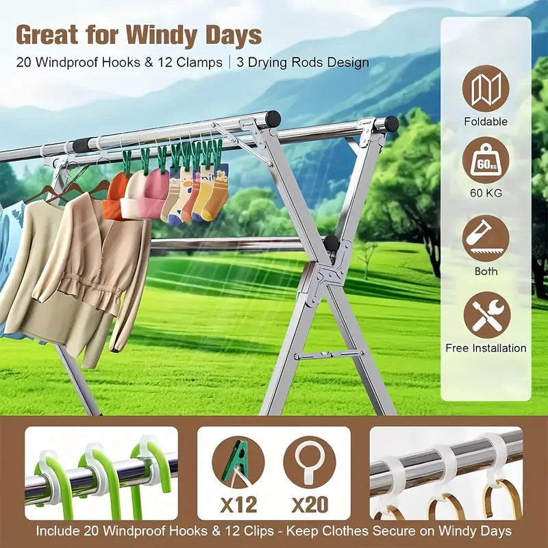[Space-Saving Drying Rack] Foldable Adjustable Three Rod Metal Clothes Drying Rack | Space-Saving Storage for Indoor & Outdoor Use - Clothes, Blankets, Bedding, Mother's Day