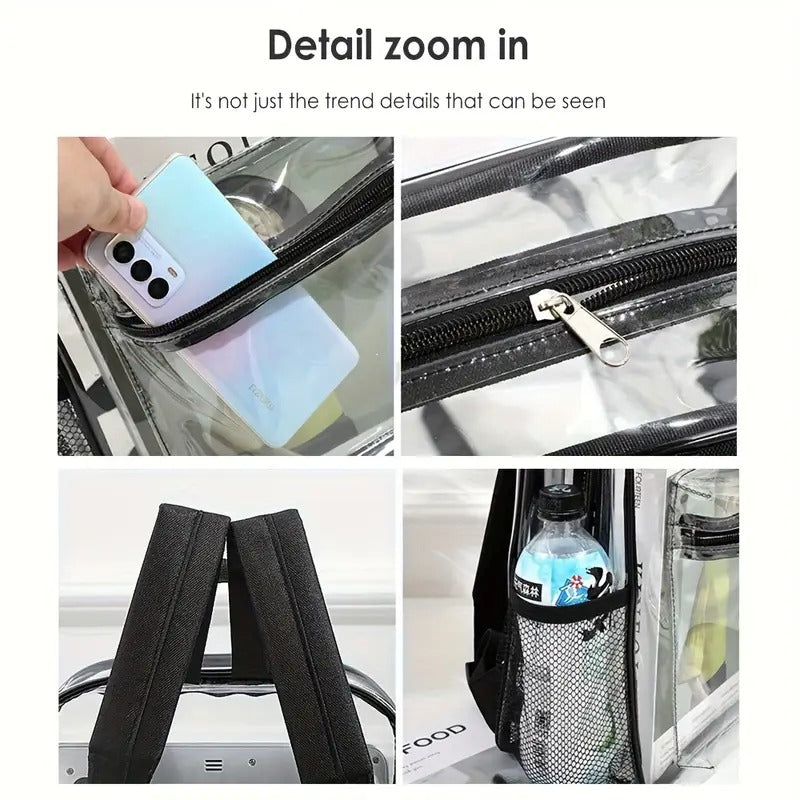 Sturdy Transparent PVC Tote Bag with Adjustable Shoulder Strap & Front Pockets - Large Capacity Heavy-Duty Design, Lightweight Durable for Travel, School,