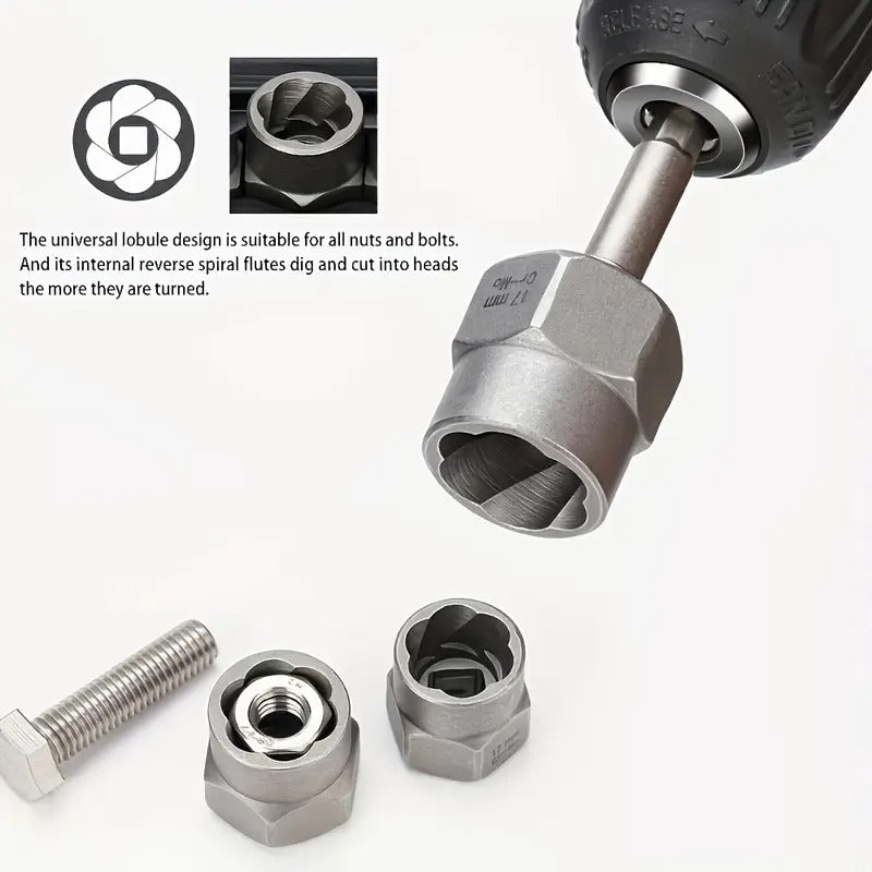 15pcs/Set Nut Extractor, 13pcs Bolt And Nut Remover, 1pc Iron Bar (If The Nut Is Still Stuck In The Sleeve When Removing It, Use It to Knock It Out), 1pc 1/4 '' to 3/8 "drive Hexagonal Socket Adapter