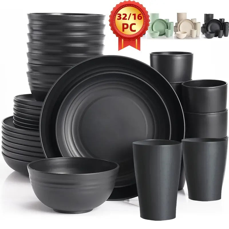 Black Wheat Straw Dinnerware Sets, Plates And Bowls Sets for 8, Black Plastic Dinnerware Sets, Microwave Dishwasher Safe Plates, Dishes Set for 8 for Valentine's Day, Party