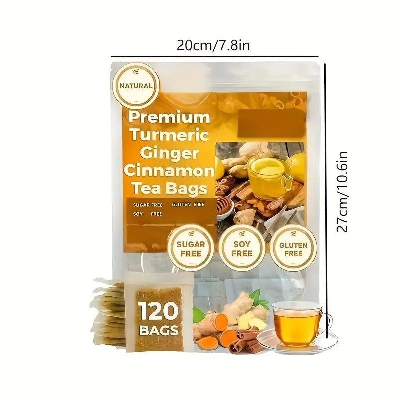 Premium Turmeric Ginger Cinnamon Tea Bags - 120 Count, Sugar & Caffeine Free, Allergy-Free Herbal Blend for Relaxation, And Afternoon Office Nerves, Afternoon Relaxation | Natural Tea Blend