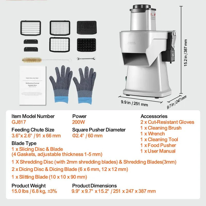 VEVOR Electric Vegetable Slicer, 4 in 1 Multifunctional Food Cutter, 200W Vegetable Chopper for Slicing Shredding Dicing and Slitting, with Cut-Resistant Gloves, for Commercial and Home Use