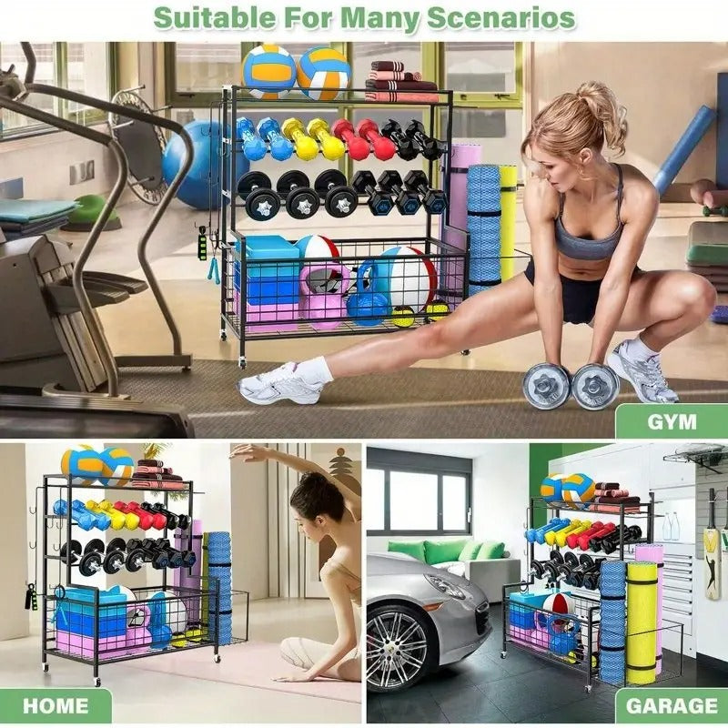 1 pcs Dumbbell Rack, Balls Workout Equipment Storage Organizer Yoga Mat with Hooks and Wheels