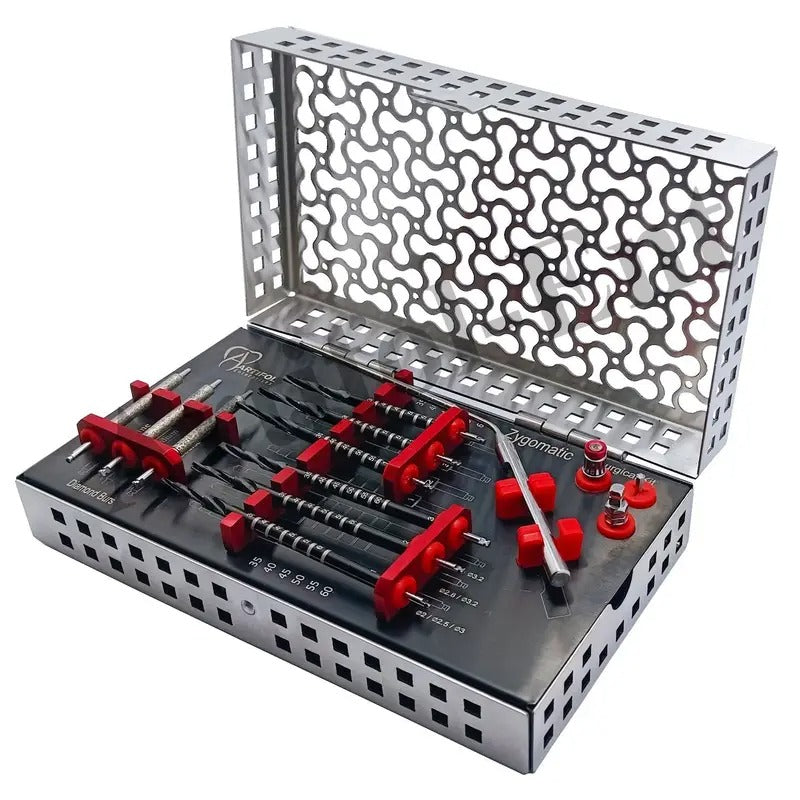 ARTIFOL 14 Pcs Dental Implant Zygomatic kit Black Titanium Coated Step Drills Set for Zygoma with Depth Probe and Ratchet Wrench Strong | Precise | Reliable OS1054