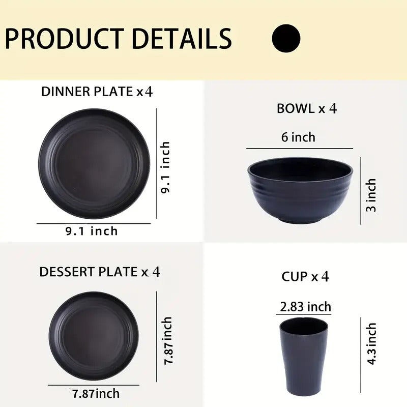 Black Wheat Straw Dinnerware Sets, Plates And Bowls Sets for 8, Black Plastic Dinnerware Sets, Microwave Dishwasher Safe Plates, Dishes Set for 8 for Valentine's Day, Party