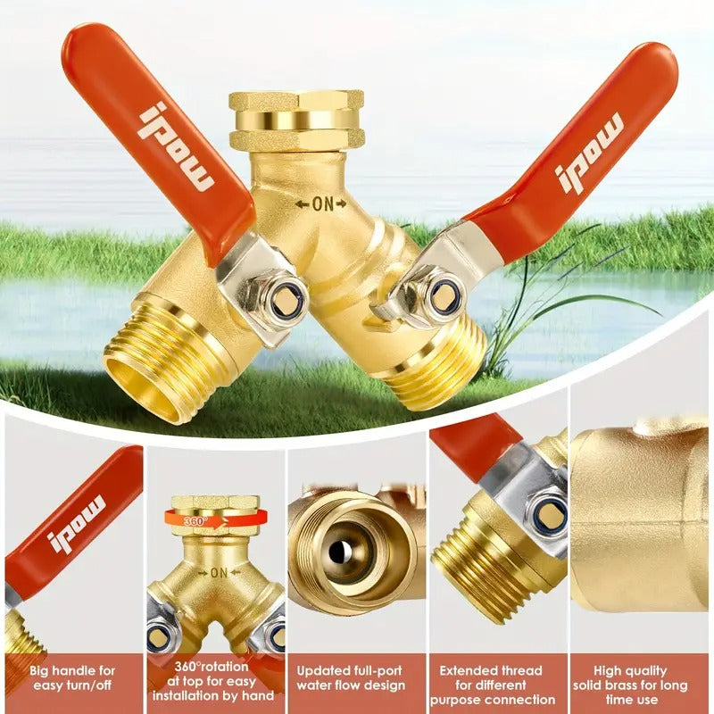 Heavy Duty 2-Way Garden Hose Splitter Valve with Comfort Grip - Brass, High Flow, Includes 6 Rubber Gaskets & Blue Cap for Secure Connection, Ideal for Outdoor Use, Water Hose Splitter