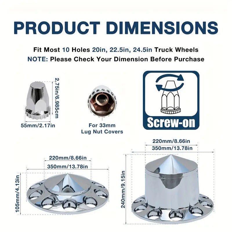 33mm Axle Cover Chrome Combo Kit, Dome Screw-on Lug Nut Covers with 2 Front And 4 Rear Axle Wheel Covers Removable Pointed Hub Caps for Semi Trucks