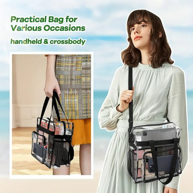Sturdy Transparent PVC Tote Bag with Adjustable Shoulder Strap & Front Pockets - Large Capacity Heavy-Duty Design, Lightweight Durable for Travel, School,