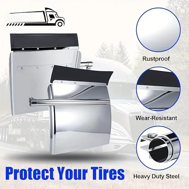 24"x24" Quarter Fenders For Semi Truck, Stainless Steel/Polypropylene, Tube Bracket And Single Bolt Mounting Brackets Hardware Included, Right Left 2 Set In Pair