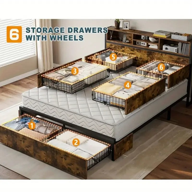 EnHomee Queen Bed Frame With 6 Storage Drawers Queen Bed Frame With Headboard, With Charging Station, No Noise, No Box Springs Needed, Vintage Brown