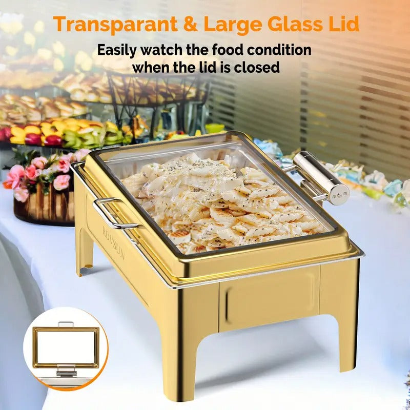 9QT square 304 stainless steel hot pot, hydraulic glass cover and food pot - golden buffet heater, suitable for catering, parties, events and home use only for cooking