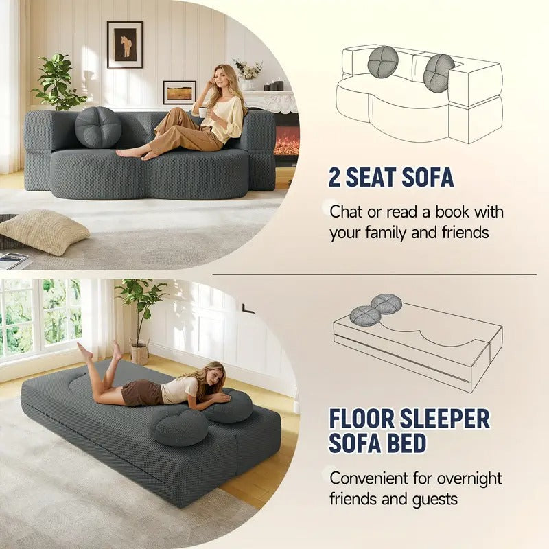 2-in-1 Convertible Folding Floor Sofa Bed with 2 Pillows - 81" Modern Knitted Lounge Couch, Space-Saving Sleeper Sofa Bed for Living Room, Apartment, Office, Guest Room - No Assembly Required, Durable Fabric