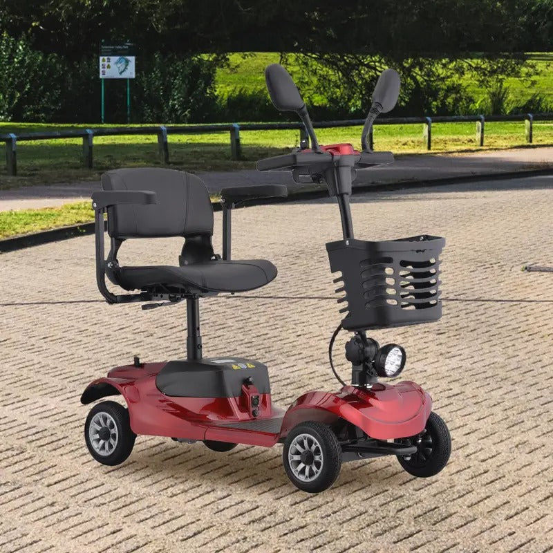 4-wheel mobility electric vehicle, 220-pound weight capacity, 20-mile extended range, maximum speed of 6 km/h. Features a basket, rearview mirror, and LED lights. Elderly mobility assistance tool,