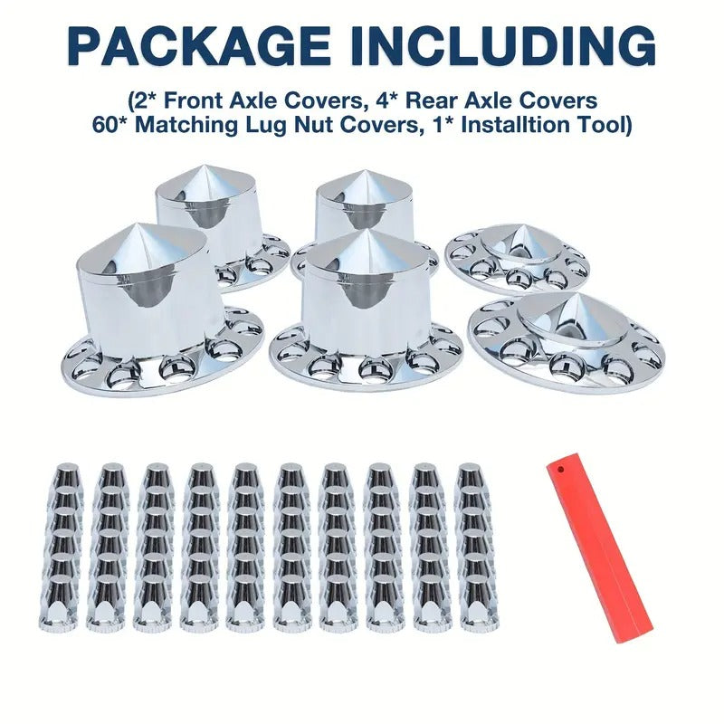 33mm Axle Cover Chrome Combo Kit, Dome Screw-on Lug Nut Covers with 2 Front And 4 Rear Axle Wheel Covers Removable Pointed Hub Caps for Semi Trucks