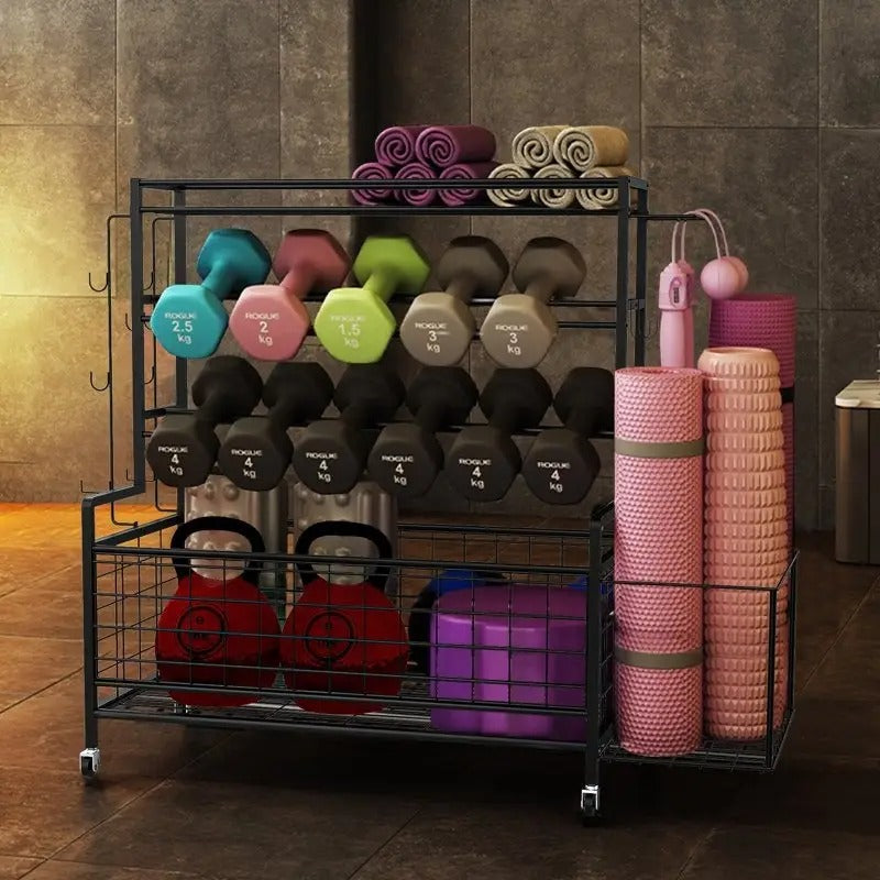 1 pcs Dumbbell Rack, Balls Workout Equipment Storage Organizer Yoga Mat with Hooks and Wheels