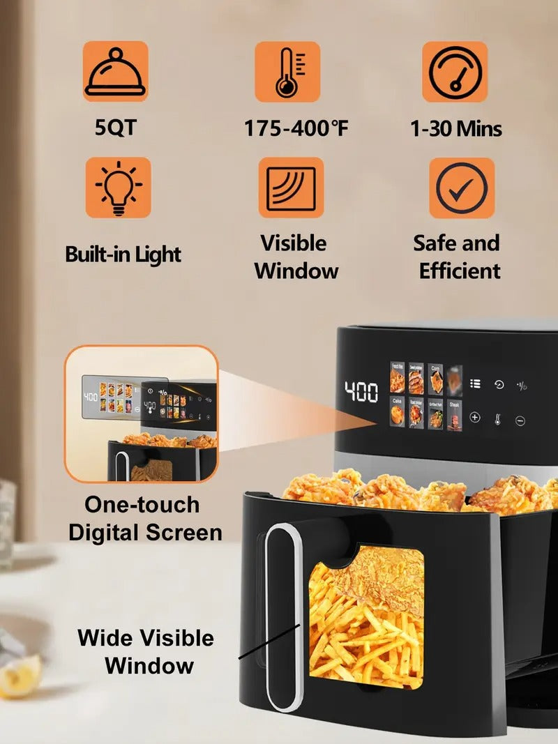 [5-quart 6-in-1 Air Fryer] 6-in-1 Large 5-quart Air Fryer | 8 One-Touch Preset Functions, Smart Cook Program, Rack Basket, Viewing Window, Interior Light