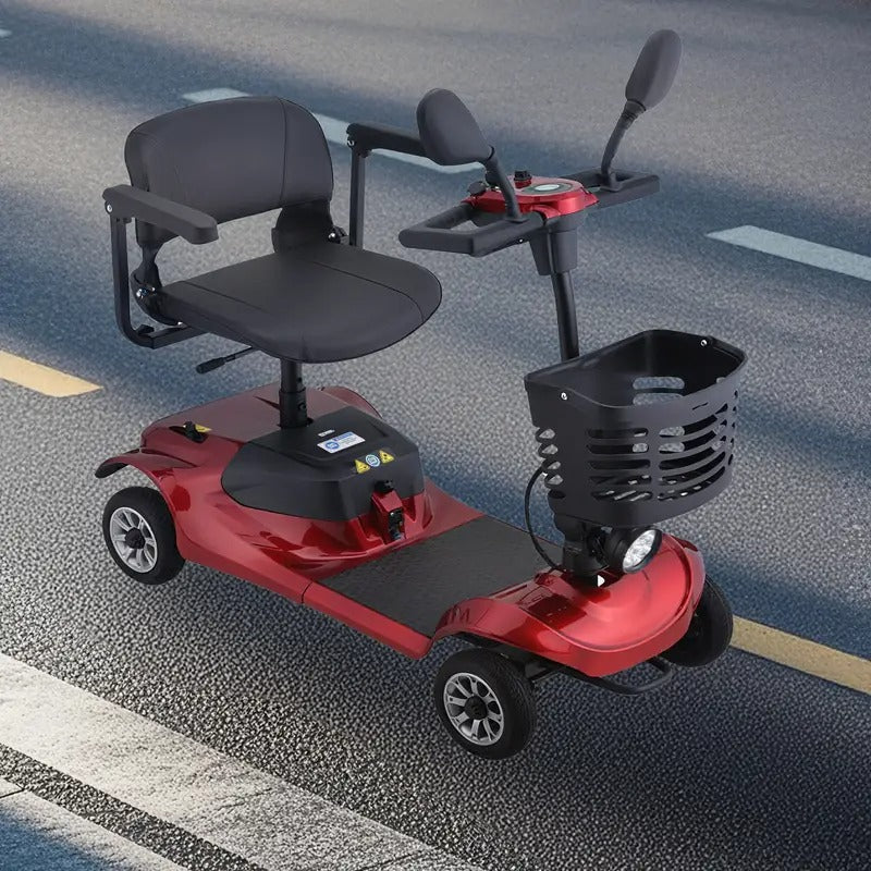4-wheel mobility electric vehicle, 220-pound weight capacity, 20-mile extended range, maximum speed of 6 km/h. Features a basket, rearview mirror, and LED lights. Elderly mobility assistance tool,