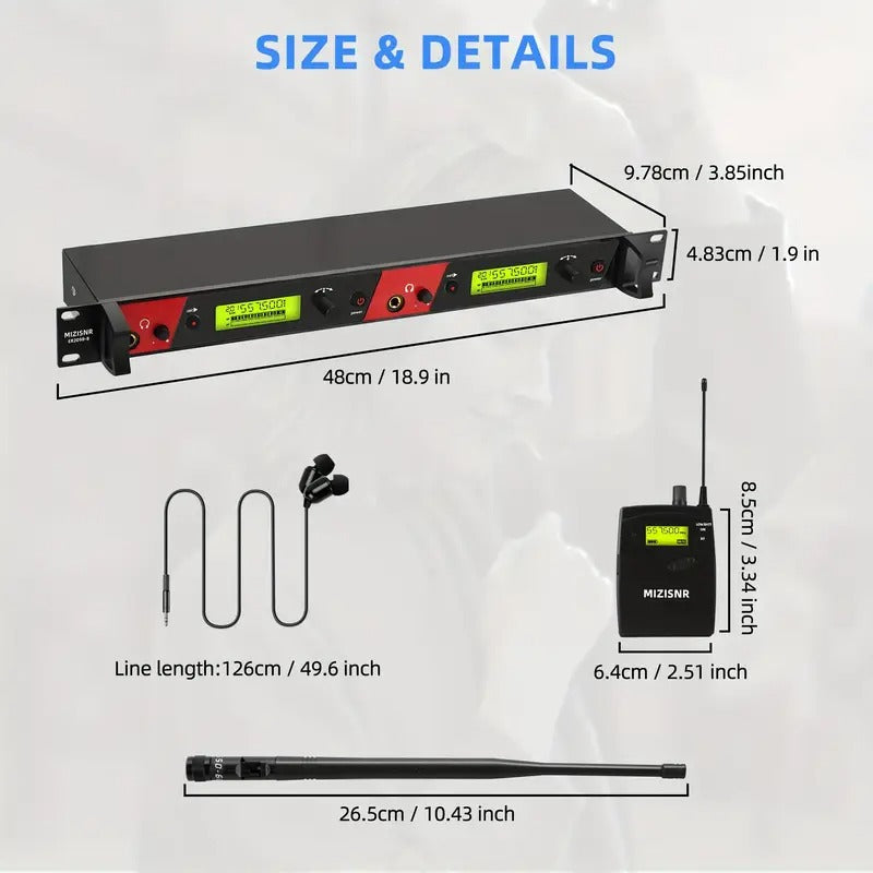 MIZISNR ER2090-8 UHF Dual-Channel Wireless In-Ear Monitoring System, Featuring A Liquid Crystal Display, 8 Belt Packs And Transmitters, Suitable for Stages, Bands, Recording