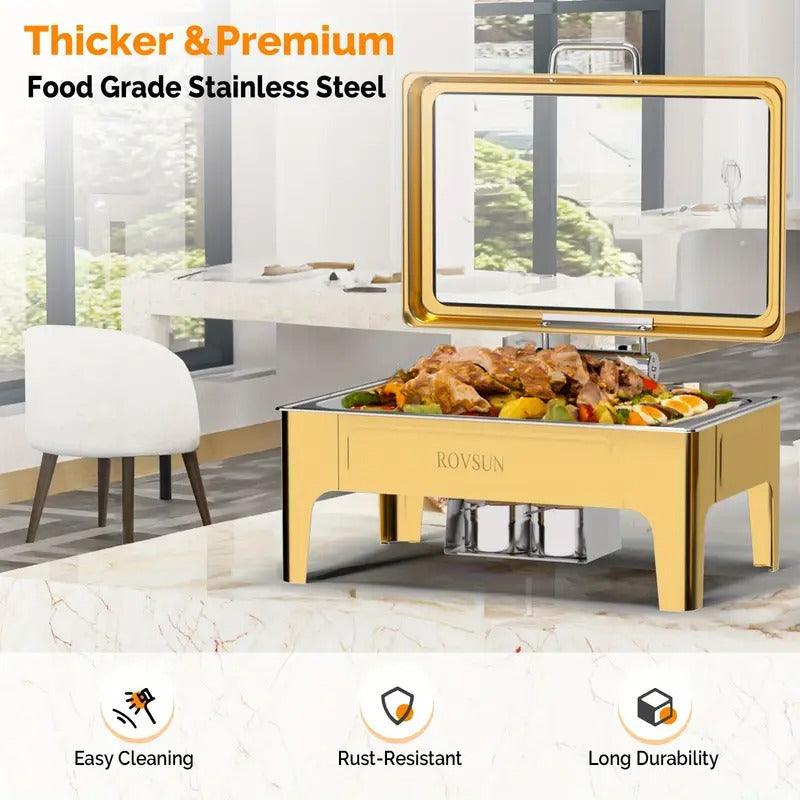 9QT square 304 stainless steel hot pot, hydraulic glass cover and food pot - golden buffet heater, suitable for catering, parties, events and home use only for cooking