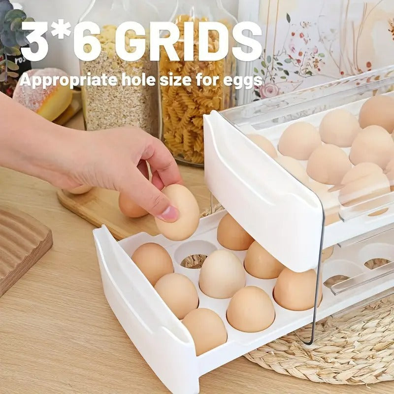Egg Holder for Fridge, 2 Layers Fresh Egg Storage Container Organizer Bin, Each Layer Could Hold 18 Eggs, Clear Stackable Plastic Egg Tray with Handles, For Fridge, Kitchen, Home, 12x 6.9x 6 Inches