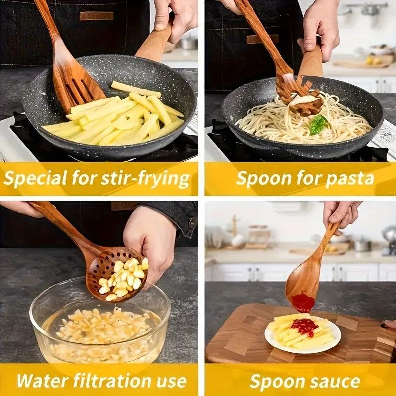 10pcs Non-stick Friendly Wooden Cookware Set | Heat Resistant, Ergonomic Handle, Comfortable Grip | Perfect for Stiring, Baking, Serving and Easy Cooking