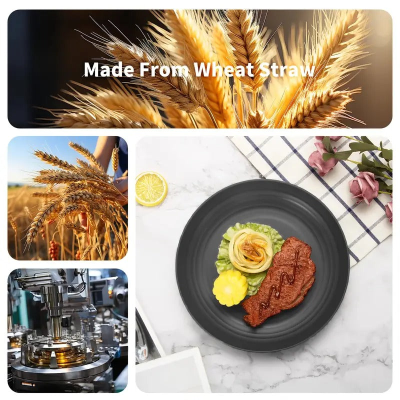 Black Wheat Straw Dinnerware Sets, Plates And Bowls Sets for 8, Black Plastic Dinnerware Sets, Microwave Dishwasher Safe Plates, Dishes Set for 8 for Valentine's Day, Party