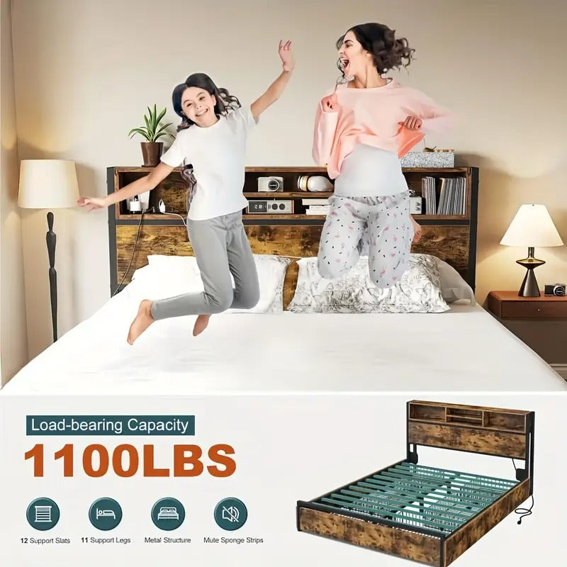 EnHomee Queen Bed Frame With 6 Storage Drawers Queen Bed Frame With Headboard, With Charging Station, No Noise, No Box Springs Needed, Vintage Brown