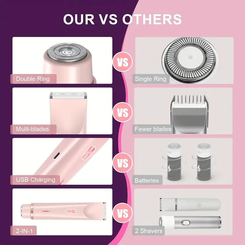 Women's Electric Shaver & Bikini Trimmer - Dual Head shaver with USB-Powered Motor, Long-Lasting Lithium Battery - Pink Personal Grooming Device for Face, Legs, Bikini, Body Hair - Ideal Mother's Day Gift for Women