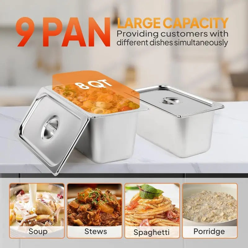 ROVSUN Electric Commercial Food Warmer 72QT 1500W, 9-Pan Steam Table 8QT/Pan Stainless Steel Bain Marie w/Acrylic Shield Overshelf Undershelf Temperature Control & Lid for Buffet Restaurant 110V