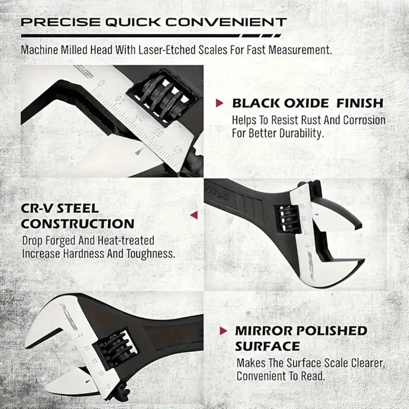 4pcs Adjustable Wrench Set - Chrome Vanadium Steel, 6", 8", 10", 12" Sizes for Auto & Home Repairs, Corrosion Resistant with Black Oxide Finish