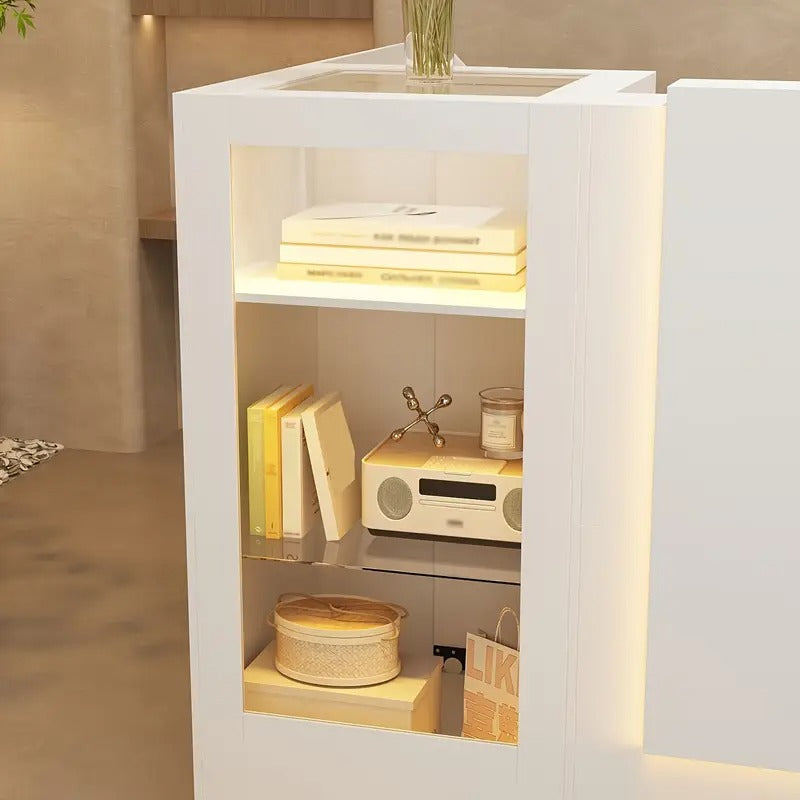 [Modern LED Reception Desk] Modern Reception Desk - Multi-functional with LED Lighting and Organized Storage Compartments