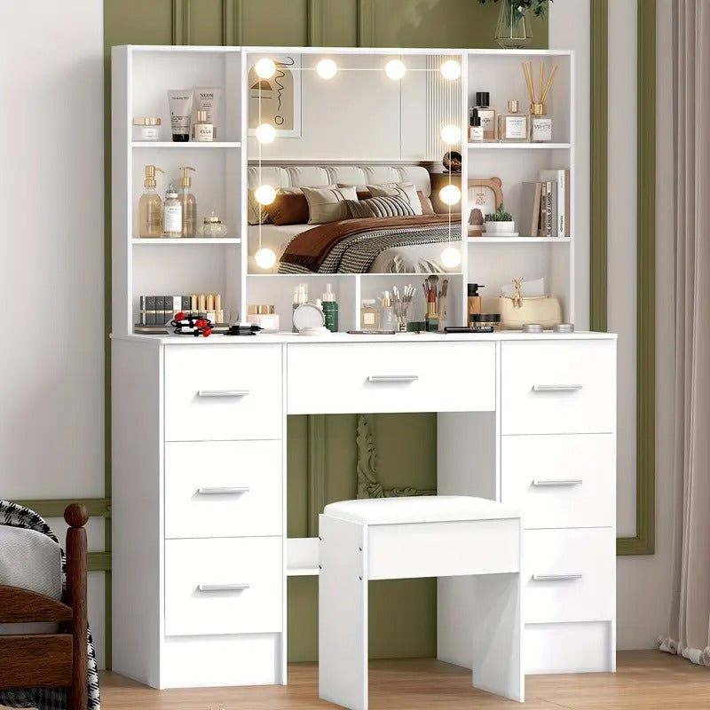 Dresser Set With LED Illuminated Mirror, 7 Drawers, Multiple Compartments, Stool Included, Birthday, Christmas, New Year Gift