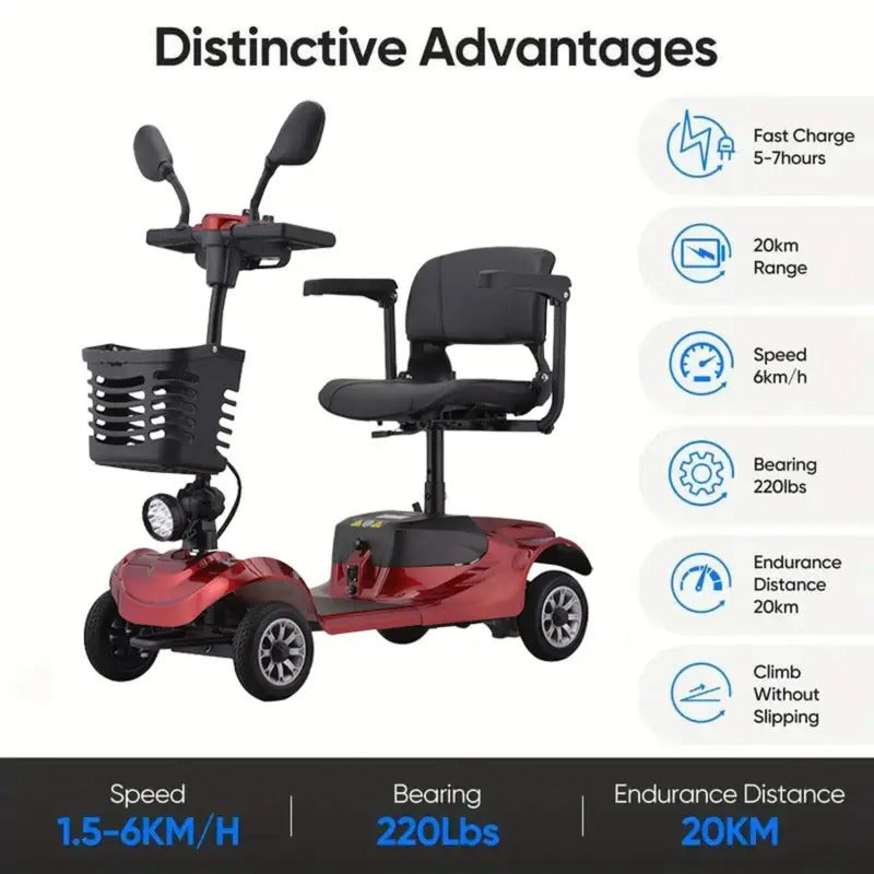 4-wheel mobility electric vehicle, 220-pound weight capacity, 20-mile extended range, maximum speed of 6 km/h. Features a basket, rearview mirror, and LED lights. Elderly mobility assistance tool,
