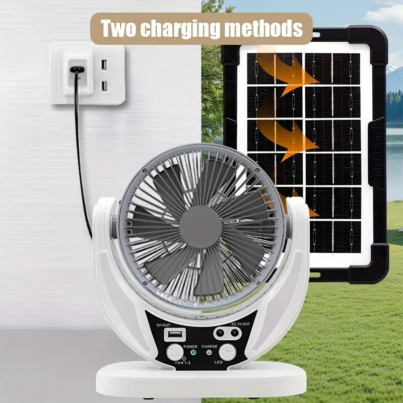 Solar Rechargeable Outdoor Camping Fan with Integrated Solar Panel, USB Charging, LED Emergency Lights, Adjustable Wind Speed & Angle, Ideal for Power Outages, Portable Solar Fan, Emergency Lighting