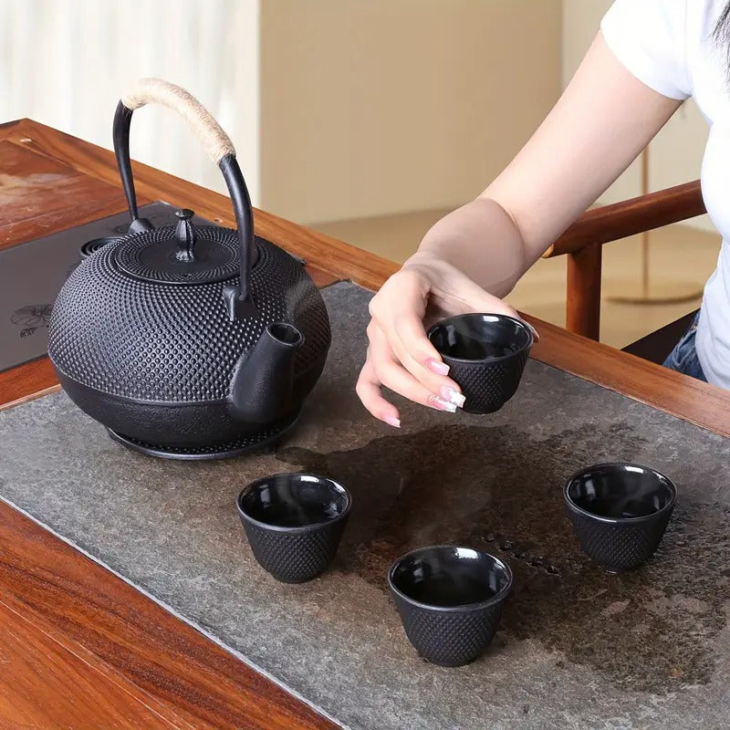 60oz Japanese Cast Iron Pot Tea Set - Black Color Teapot with Infuser and Trivet for Loose Tea Adults, Best for Christmas