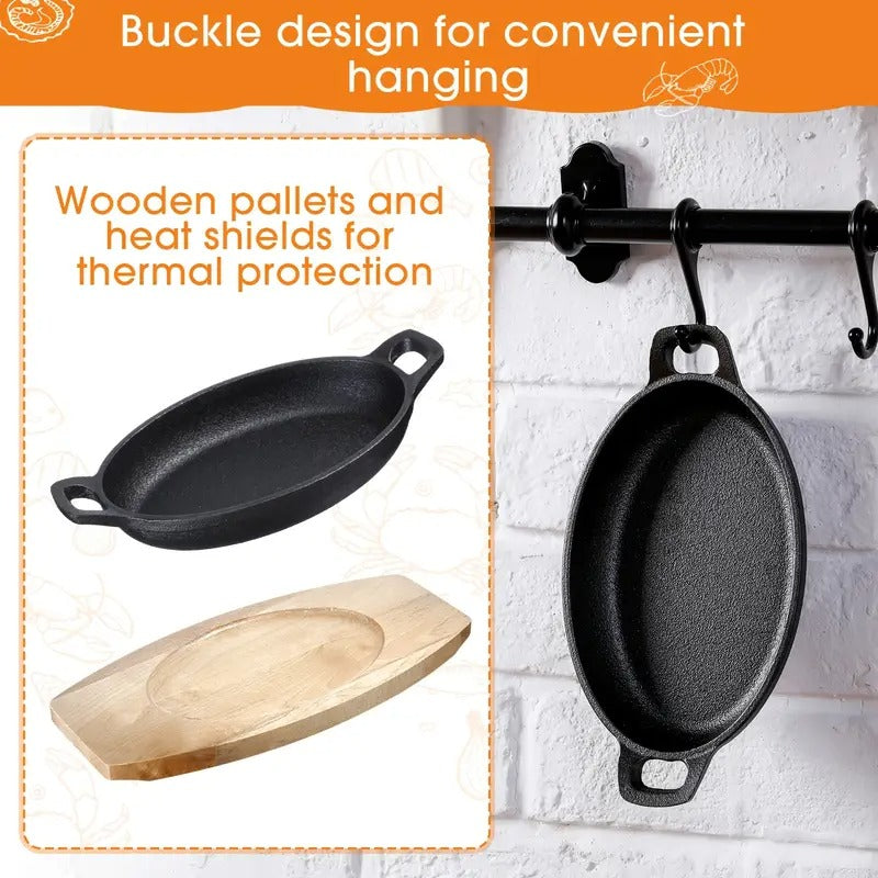 Set of 4 Cast Iron Mini Oval Serving Dish Pans with Wooden Base 8oz Mini Cast Fajitas Iron Small Iron Skillet Dishes Black Little Pans Skillets for Baking Roasting (8.7 x 4.7 x 1.6 Inch)