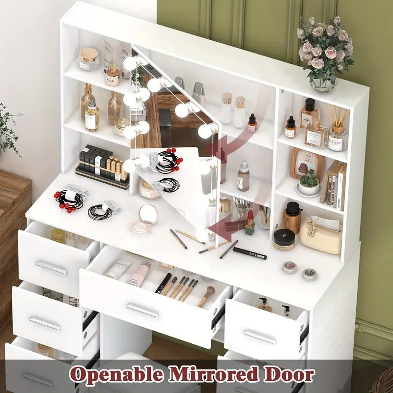 Dresser Set With LED Illuminated Mirror, 7 Drawers, Multiple Compartments, Stool Included, Birthday, Christmas, New Year Gift