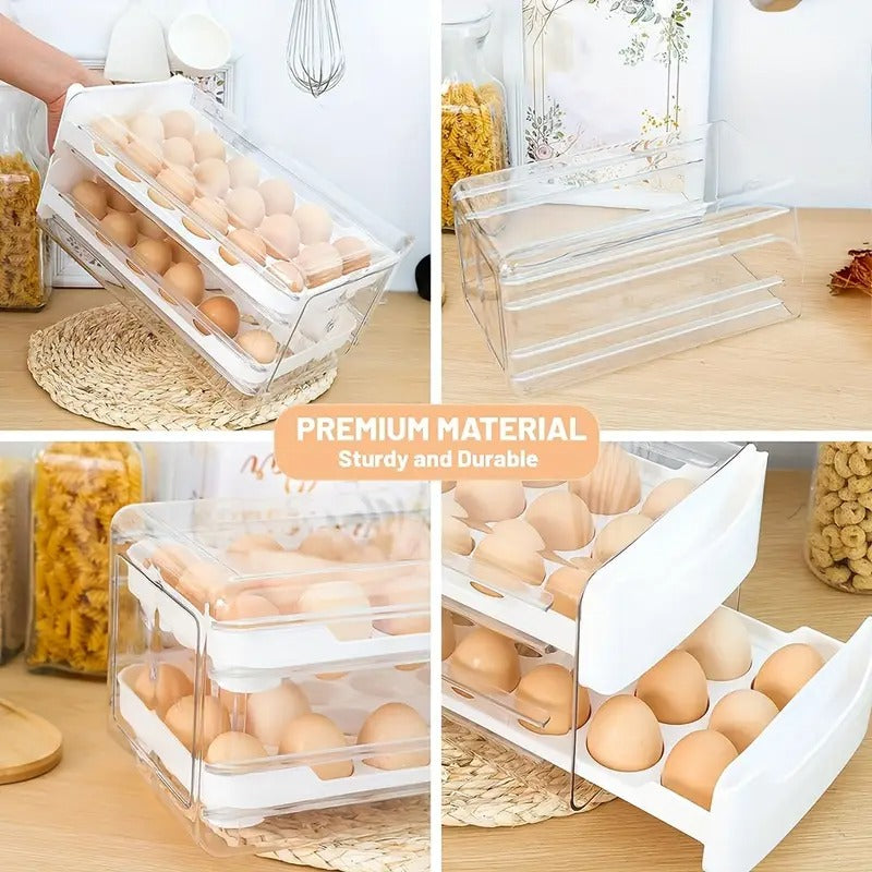 Egg Holder for Fridge, 2 Layers Fresh Egg Storage Container Organizer Bin, Each Layer Could Hold 18 Eggs, Clear Stackable Plastic Egg Tray with Handles, For Fridge, Kitchen, Home, 12x 6.9x 6 Inches